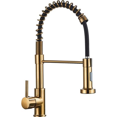 2 Mode Brushed Gold Kitchen Faucet, Kitchen Mixer Tap with 304 Stainless Steel Extendable Hand Shower with Coil Spring, Kitchen Faucets with 360° Rotation Function (1/5)