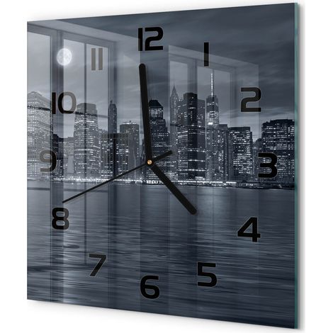 Horloge Murale Carrée Design Moderne en Verre Trempé Silencieuse pour Salon New York la nuit 30x30 cm (1/5)