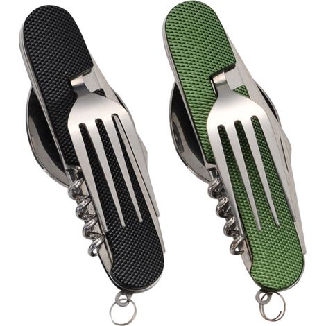 Ensemble de couverts de camping pliables 6 en 1 (2 pièces), couverts de voyage, couverts de camping en acier inoxydable, couteau, fourchette, cuillère, ouvre-bouteille (noir + vert)