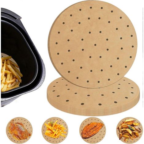 Backpapier für Heißluftfritteusen, 100 Blatt Einwegpapier für 2-3 Liter Heißluftfritteusen, Papier mit 18 cm Durchmesser, antihaftbeschichtet, zum Dampfgaren. (1/5)