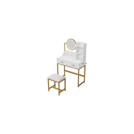 Coiffeuse Moderne avec Miroir LED Pivotant et Prises Intégrées Ensemble  2 Tiroirs et 2 Étagères - Blanc et Or - 80 x 40 x 138,5 cm