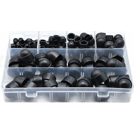 145-teiliges PE-Schraubenkappen-Sortiment mit Schraubmuttern. Passende Sicherungsmuttern für Schrauben und Bolzen. Erhältlich in 6 Größen, inklusive Aufbewahrungsbox. Farbe: Schwarz.