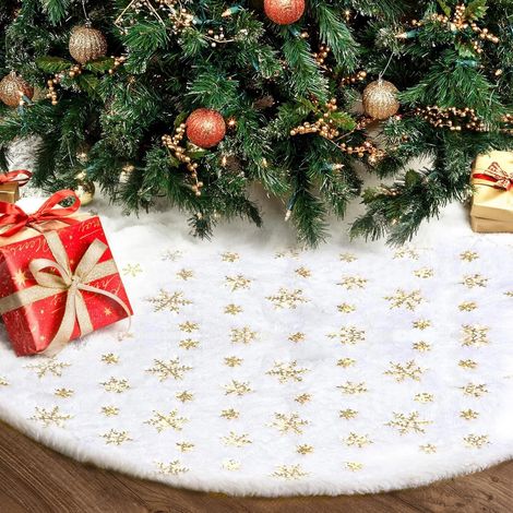Tapis de sapin de Noël 91 cm, Décorations de Noël pour sapin, Tapis de sapin de Noël blanc en peluche avec flocons de neige et sequins dorés, 91 cm (1/5)