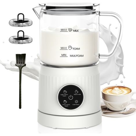 Mousseur à Lait Électrique 4 en 1 avec Chauffe Lait, Carafe Transparente pour Contrôle Visuel, Commande Tactile, Mousse Chaude et Froide pour Café, Latte, Cappuccino, Verre, Blanche (1/5)
