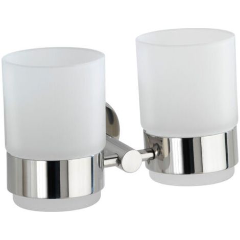Porte Brosse à dent mural, gobelet salle de bain double, verre - fixation acier inox, 17,5x9,5x9 cm, brillant (1/4)