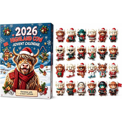 Calendrier de l'Avent 2026 - 24 cases - marron, blanc, rouge, vert - matériau PVC - dimensions 27 x 19 x 4 cm - ensemble de figurines de vaches des Highlands - convient pour Noël et la décoration inté (1/5)