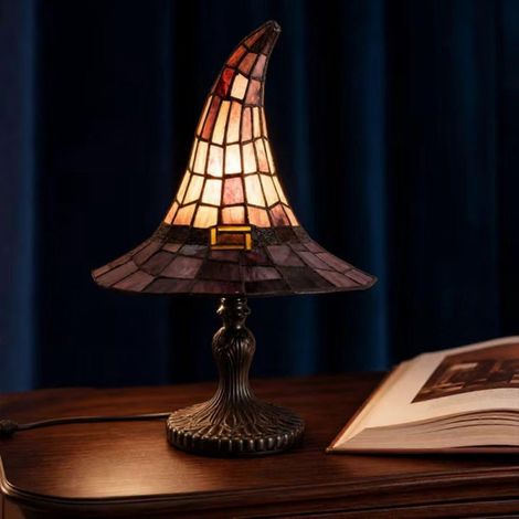 1 pièceUNLampe de table chapeau de sorcière en vitrail fait main, veilleuse rétro chapeau de magicien alimentée par USB, lampe d'appoint vintage à base en résine, pour chambre, bureau ou décoration de (1/5)