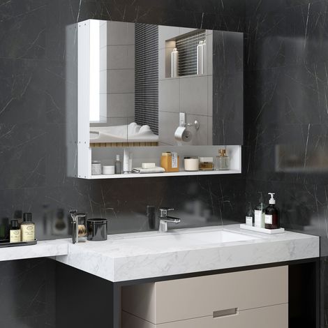 Armoire murale salle de bain avec miroir, armoire de toilette 3 portes miroir, étagères réglables, blanc, 90x15x75cm