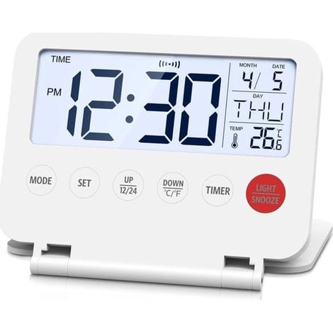 Mini réveil numérique pliable avec écran LCD rétroéclairé, thermomètre, fonction snooze, date et heure, portable et pratique, blanc (1/5)
