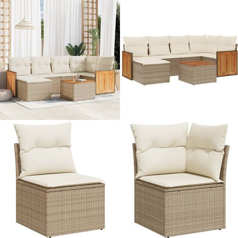 7-tlg. Garten-Sofagarnitur mit Kissen Beige Poly Rattan - Gartenmöbelset - Rattan Möbel - Outdoor Set - Lounge Set - Esstischgarnitur - Home & Living (1/5)