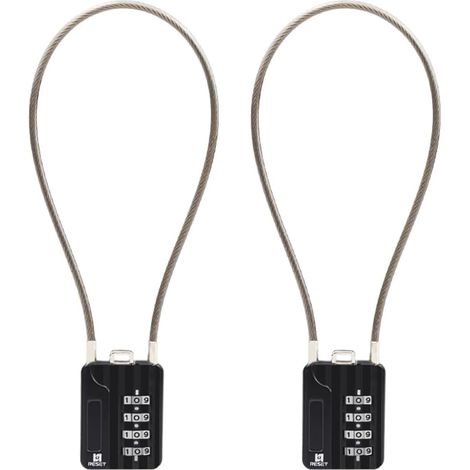 Cadenas à combinaison avec câble, 4 chiffres, 3 mm, 30 cm, x2 Contient 2 cadenas. Longueur 30 cm du câble seul, hors boîtier câble de 3 mm et embout doivent franchir chaque ouverture. (1/5)