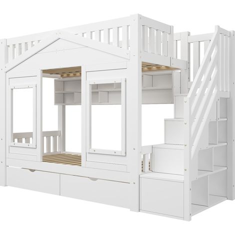 Cama alta infantil 90 x 200 cm en pino y MDF con escalera de almacenamiento, casa, blanco (1/5)