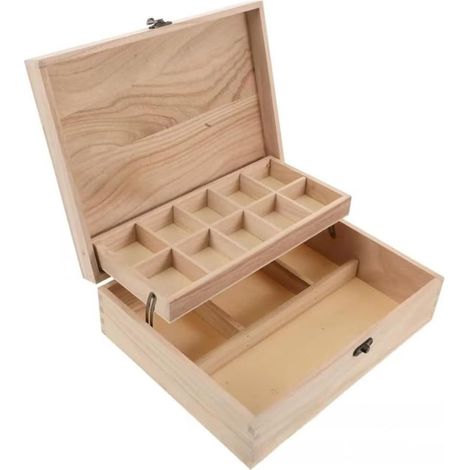 Boîte à bijoux en bois de paulownia à deux couches avec compartiment supérieur rabattable pour ranger des accessoires de couture, bagues, aiguilles, beige (1/5)