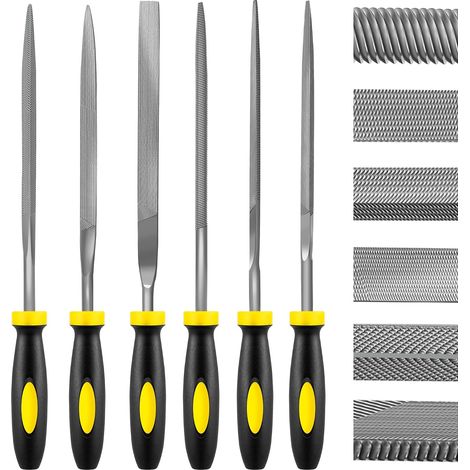 Ensemble de 6 limes aiguilles en métal - acier allié trempé, comprenant des limes plates, à gorge, carrées, triangulaires, rondes et demi-rondes, 12,7 cm (1/5)