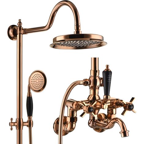 Colonne de Douche, BSS0361 Or Rose Moderne Ensemble de Douche, 9in/230mm Pomme de Douche, Poignée en Céramique, Rotatif à 180° Robinet de Baignoire, 59A Tout en Cuivre, Hauteur Réglable (1/5)
