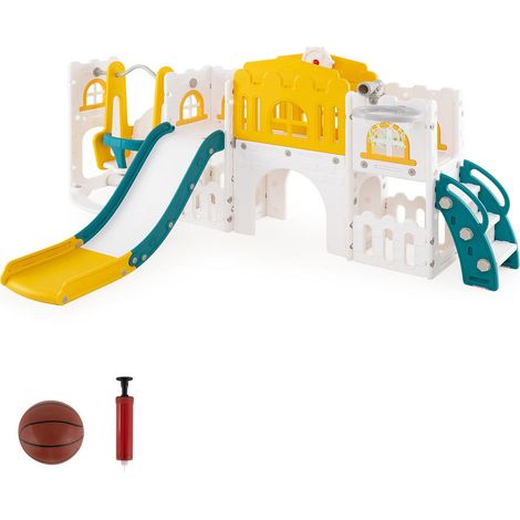 Structure PEHD 10 en 1 aire de jeux toboggan balançoire enfant avec panier basket glissière pliable pour intérieur et jardin (1/5)