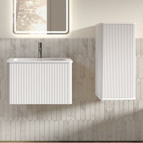 Mobile bagno sospeso, lavabo in pietra artificiale, design minimale con mobiletto e colonna, MDF, compensato, superficie solida bianco (1/5)