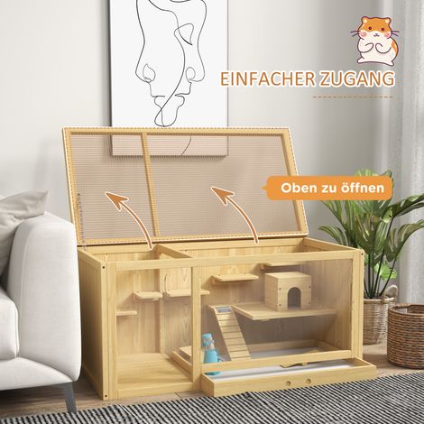 Cage pour petits animaux en bois de sapin, avec accessoires et abreuvoir, 100 x 50 x 50 cm, naturel (1/5)