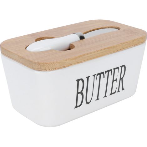 Beurrier avec couvercle en bois, boîte à beurre de cuisine en céramique avec couvercle hermétique, plateau de rangement. (1/5)