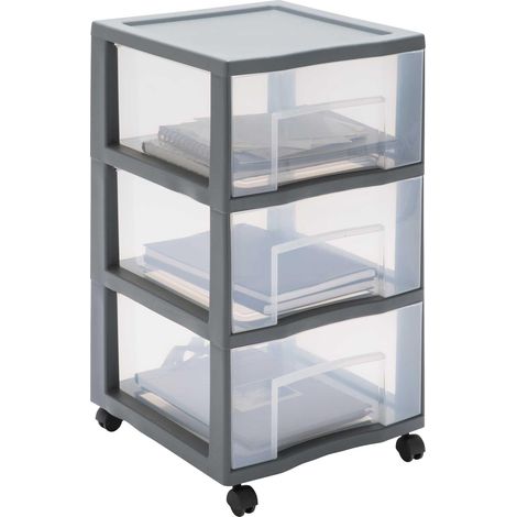 Tag Tower XL, tour de rangement plastique, 3 grands tiroirs, roues, Gris (1/4)