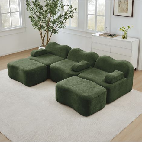 Canapé d’angle modulare in velluto verde a U con 2 pouf, seduta profonda (1/5)