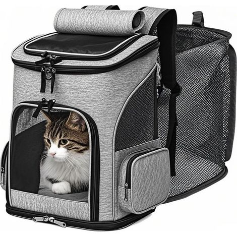 Sac de transport chat, rapprochement par entreprises, extensible, maille respirante, idéal pour petits chiens et chats de taille moyenne, pour la randonnée, camping et voyages (gris) (1/5)