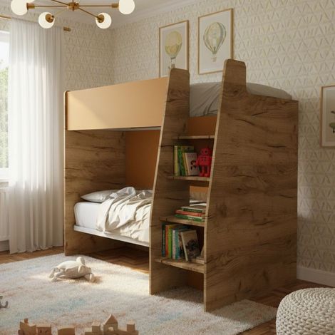 Letto a castello salvaspazio con scaletta frontale - Montaggio facile - Quercia e zolfo