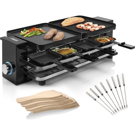RACLETTE Gerät 8 Personen, 2 wendbare Grillplatten mit Parkdeck, 8 Gabeln, 1200W (1/5)