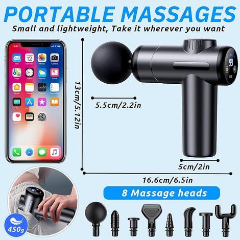 Muscle Pistolet Masseur, Pistolet Massage Musculaire avec 99 Niveaux Réglables et 8 Têtes de Massage, Masseur Musculaire Professionnel avec écran LCD pour Soulager les Douleurs Musculaires (1/5)