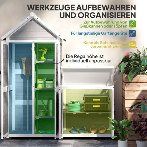 Abri de jardin avec armoire de rangement, étagères ajustables, portes verrouillables, imperméable, bois de sapin, gris clair (1/5)