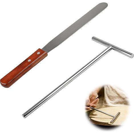 2 Pièces Crêpes Spatule Kit, Acier Inoxydable Spatule à Cet Répartiteur en Bois de Hêtre de 32cm pour Crepe Crepiere Inox en Forme de T Étaleur de Pâte pour Cuisine à la Maison Cuisson Outils Cuisson (1/5)