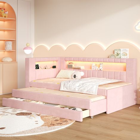 Lit de jour rembourré 90x200 avec ports USB et bande LED, avec lit escamotable et trois tiroirs, rose (1/5)