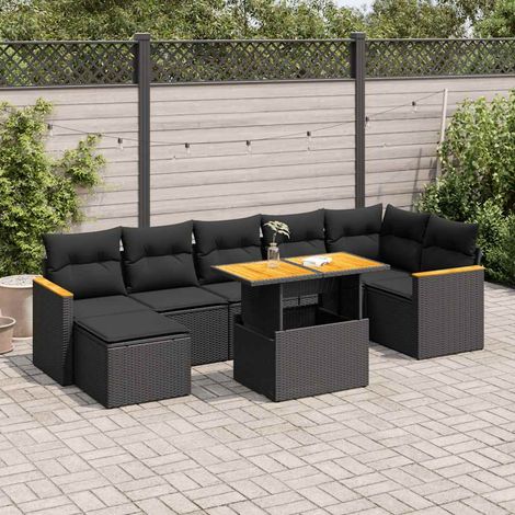 Set sofás jardín y cojines 8 pzas ratán sintético acacia negro vidaXL (1/5)