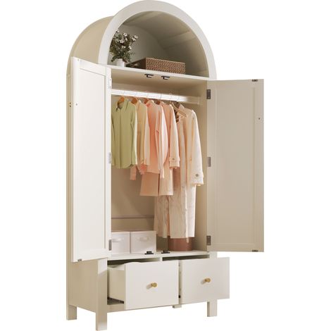 Armadio con 2 Ante, 2 Cassetti, Barra Appendiabiti e Vano Aperto, in Legno, Bianco, 78 × 45 × 181 cm (1/5)