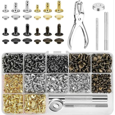 Lot de 480 rivets en cuir - 3 tailles - 6/8/12 mm - Avec outil - Rivets en métal pour le bricolage, l'artisanat, la réparation, le jean, la ceinture, le collier de chien - Boîte de rangement (1/5)