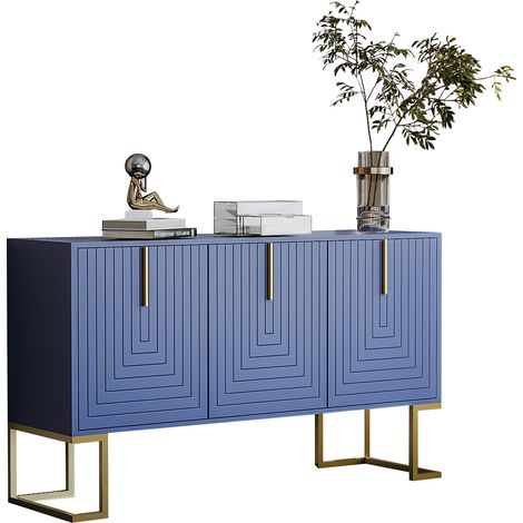 Buffet moderne à 3 portes avec étagères réglables, portes d’armoire en forme de U, poignées et base en métal, pour salle à manger et cuisine (bleu marine) (1/5)