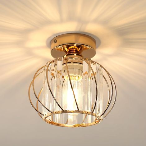 Plafonnier Or en Cristal Moderne Douille E27, 19CM Lampe de Plafond Lustre Industriel Vintage avec Abat-jour en forme de Cage pour Entrée Couloir Chambre Salon (1/5)