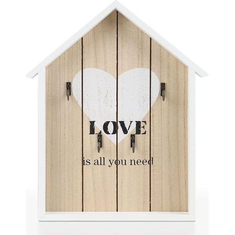 Boîte À Clés - Bois - 29.5 x 21.5 x 3.5 cm - Murale Avec 6 Crochets - Blanc - Modèle Love (1/5)