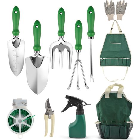 Juego de herramientas de jardinería robustas para exteriores con mango ergonómico, que incluye 11 herramientas manuales de acero inoxidable. (1/5)