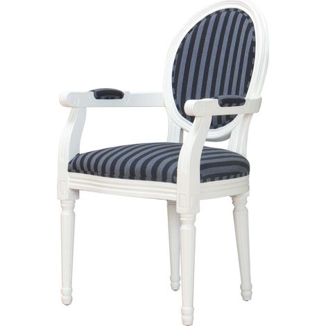 Rokoko/Amaretta Chaise de salle à manger avec accoudoirs, blanc antique, tissu à rayures noires. (1/5)