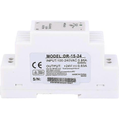 Alimentation à découpage 24V 0,63A 15W, rail DIN DR-15-24, transformateur industriel compact, tension stable, usage professionnel. (1/3)