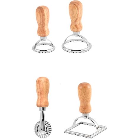 Pièces - Moules à ravioli - Coupeurs à ravioli - Moules à ravioli avec poignée en bois - Alliage de zinc - Bord dentelé - Carré, Grand rond, Petit rond et roulette à pâtes - Pour couper les ravioli fa (1/5)