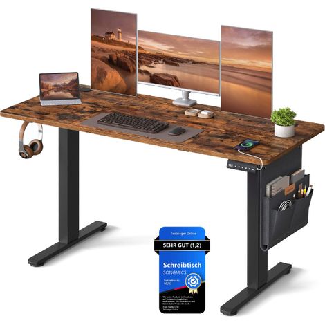 Bureau assis-debout réglable en hauteur 60 x 140 x 72-120 cm avec pochette de rangement style moderne en acier noir (1/2)