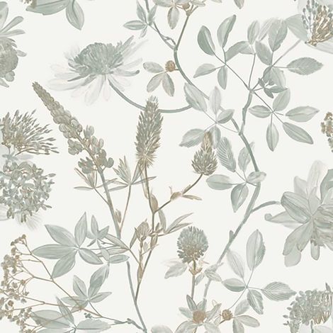 Papier peint floral botanique vert sauge fond blanc (1/2)