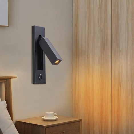Lampe de chevet murale à LED avec port de charge à bouton-poussoir, interrupteur de commande de levage et prise rétractable encastrée (noire) (1/5)