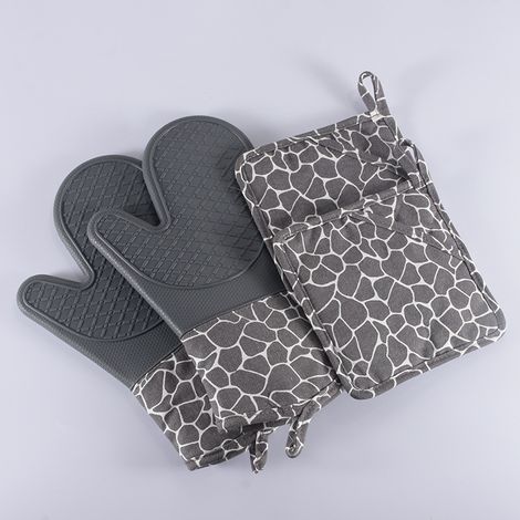Lot de 4 gants de cuisine antidérapants en silicone gris - Résistants à la chaleur - 2 gants + 2 maniques - Pour la cuisine, le four, le micro-ondes,