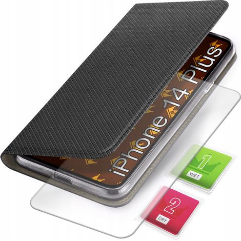 IPHONE 14 PLUS SCHWARZES GESCHLOSSENES FLIP-CASE + GLAS (1/4)