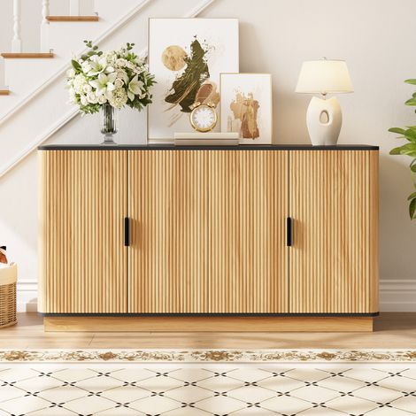 Buffet 139 cm bois naturel avec 4 portes, façades à nervures verticales, meuble de rangement salon et salle à manger