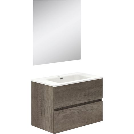 Meuble de Salle de Bain Deux tiroirs, Suspendu au Mur avec lavabo. Mélamine 16. Meuble monté. Meuble de 70 cm avec Miroir Lune Lisse (1/5)