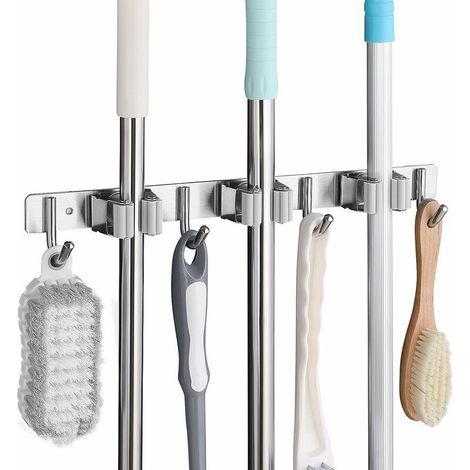 Porte balai mural en acier inoxydable 304 – 3 emplacements et 4 crochets – Installation adhésive ou par forage – Capacité 15 kg par crochet